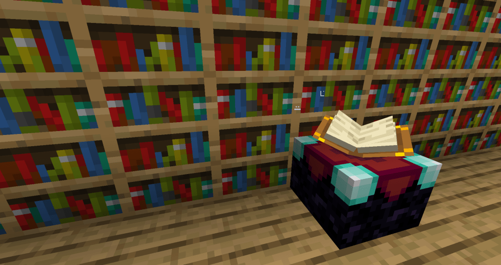 Screenshot of some bookshelves in Minecraft and an Enchantment Table