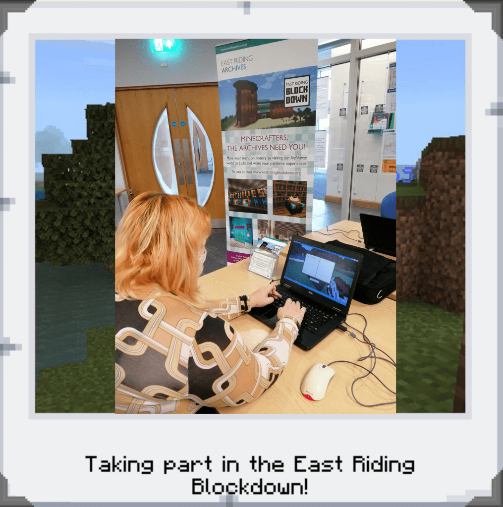 Photograph of a person sat at a computer playing Minecraft