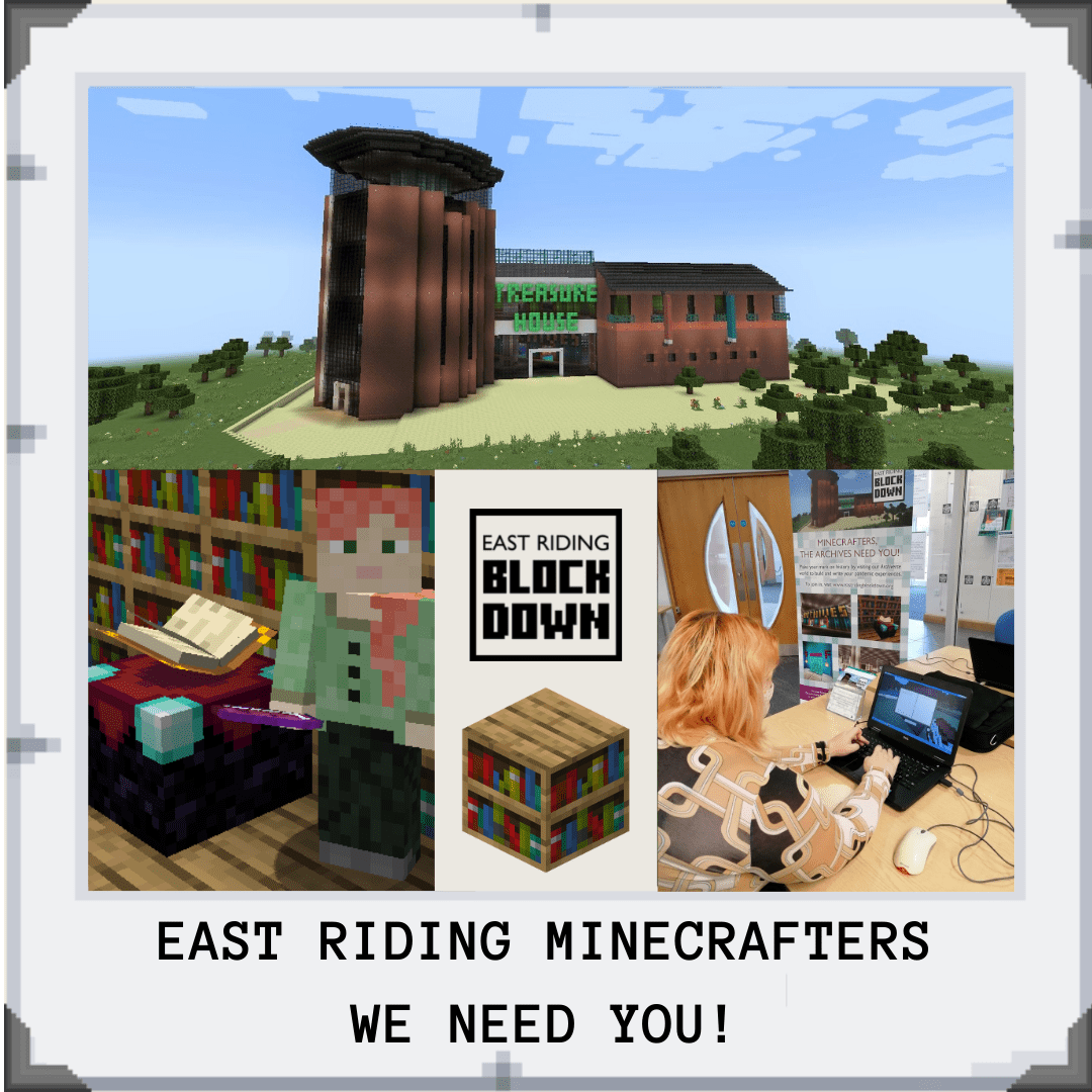 Image showing the Treasure House in Beverley recreated in Minecraft, a character in Minecraft, and a person using a laptop